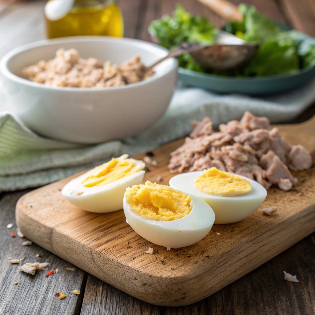 Tuna Salad Recipe with Egg The Complete 2025 Guide 2 Close-up shot of a chef peeling perfectly boiled eggs on a rustic wooden board, with an ice water bowl in the background, natural kitchen light.