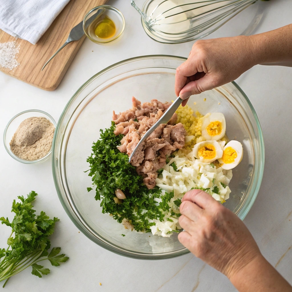 Tuna Salad Recipe with Egg The Complete 2025 Guide 3 Mixing tuna salad ingredients in a glass bowl.